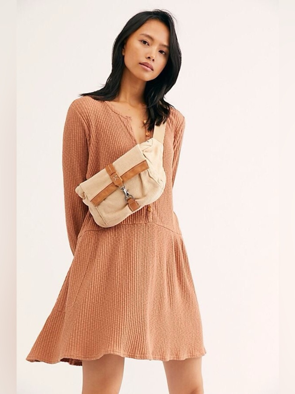 Free People Beach Waffle Knit Tunic Top Medium Blush Pink Henley Babydoll Boho